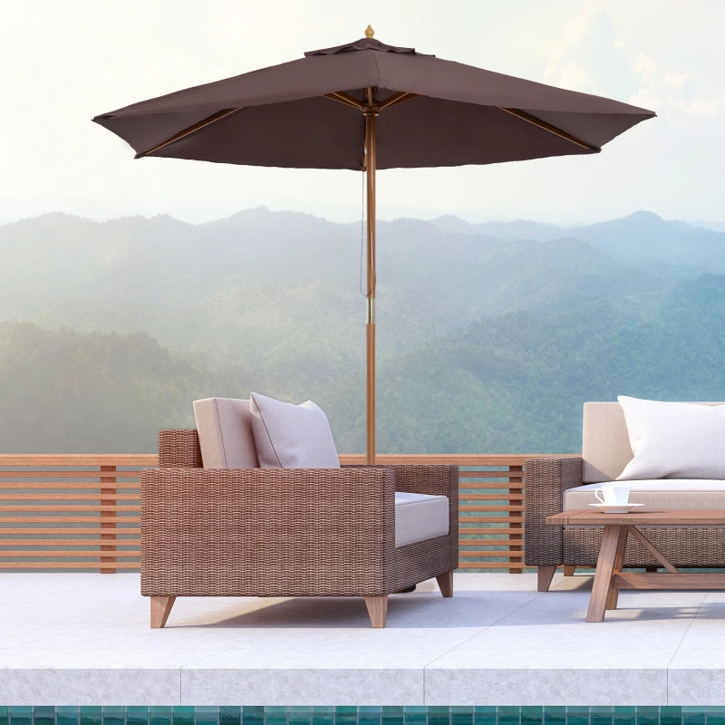 Outsunny Ombrellone da Giardino 2.5x2.3 m a 6 Stecche con Manovella, in Legno e Poliestere, Marrone