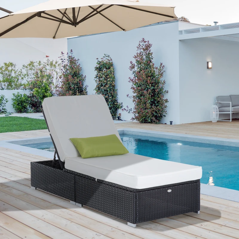 HOMCOM Bain de Soleil transat chaise longue jardin Grand Confort 195L x 68l x 31H cm Dossier inclinable Multi-Positions Aluminium Matelas épaisseur 10 cm crème résine tressée 4 Fils Noir