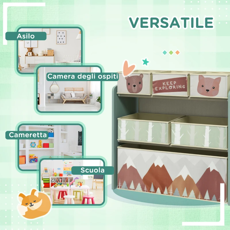 ZONEKIZ Scaffale Portagiochi per Bambini con 6 Contenitori Rimovibili in Tessuto, 63x30x66 cm, Verde