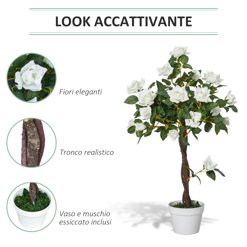 Outsunny Pianta Finta di Rosa da 21 Fiori con Vaso Riempito in Cemento e Muschio, Pianta Artificiale Anti-UV in Plastica e Tessuto, Ø18x90 cm, Bianco e Verde