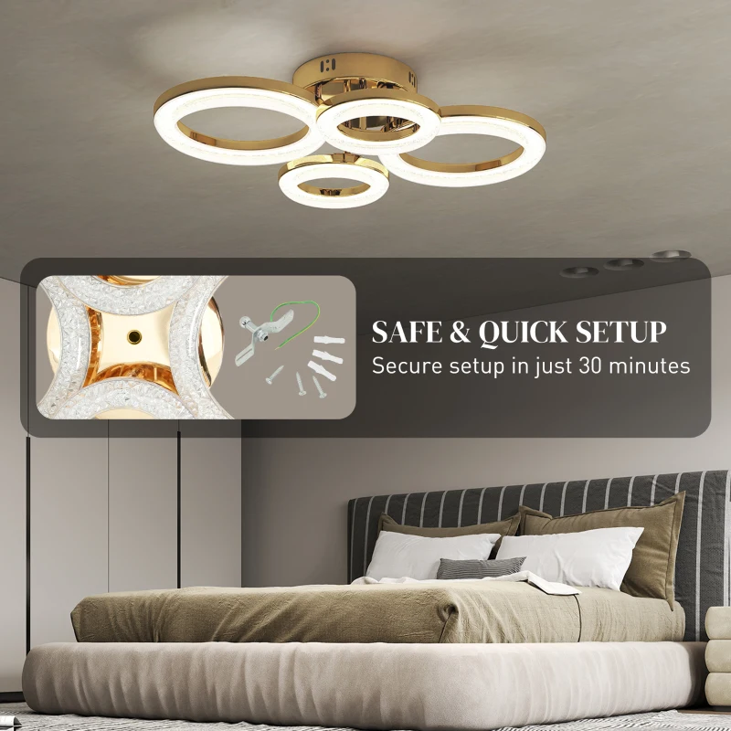 HOMCOM 4-Ring LED Ceiling Light, Flush Mount Ceiling Light with 3 Colour Temperatures, Gold Tone