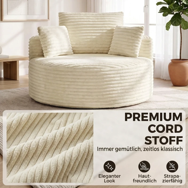 HOMCOM Sessel mit tiefer Sitzfläche, Einzelsofa ohne festen Rahmen, Vollschaum-Design, 4 Kissen, Cremeweiß