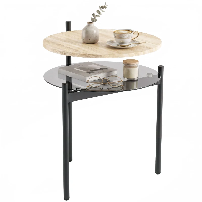 HOMCOM Măsuță laterală rotundă cu poliță deschisă din sticlă pentru spații mici, living, dormitor, 41,8 x 39,8 x 53,5 cm, stejar