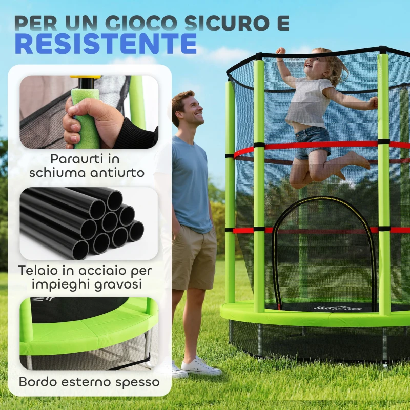 HOMCOM Tappeto Elastico per Bambini 3-6 Anni con Rete di Protezione, 6 Colonne e 3 Ingressi, Ø140x190 cm, Verde e Nero
