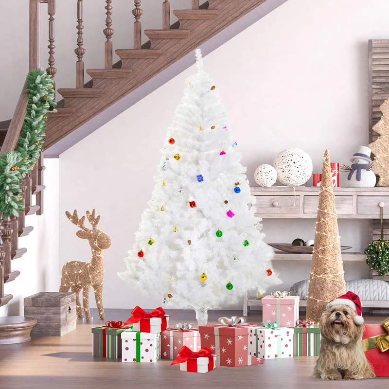 HOMCOM Albero di Natale Bianco 180cm con Addobbi e 930 Rami, Albero di Natale Innevato Artificiale in PVC