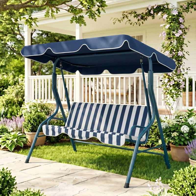 Outsunny Balancelle de Jardin 3 Places Toit imperméabilisé Inclinaison réglable Coussins Assise Dossier Bleu Blanc rayé