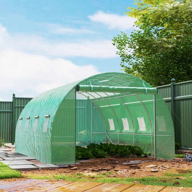 Outsunny Serre tunnel de jardin 3 x 4 x 2 m avec porte enroulable et grandes fenêtres, en acier galvanisé et PE, vert