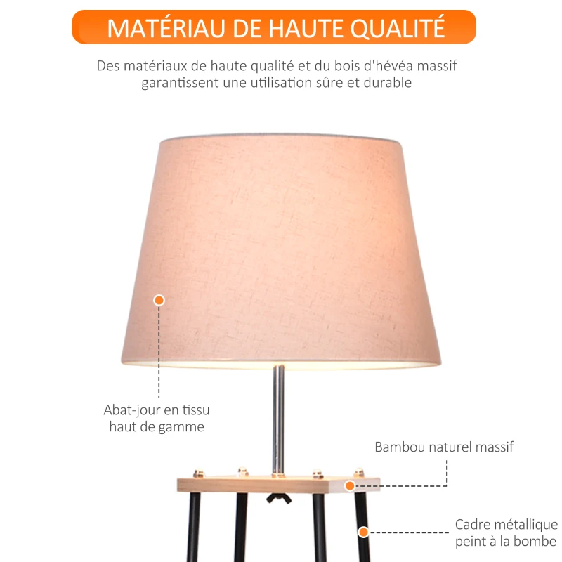 HOMCOM Lampadaire design contemporain dim. 40L x 40l x 160H cm 40 W max. 3 étagères intégrées bois massif pin métal noir lin beige