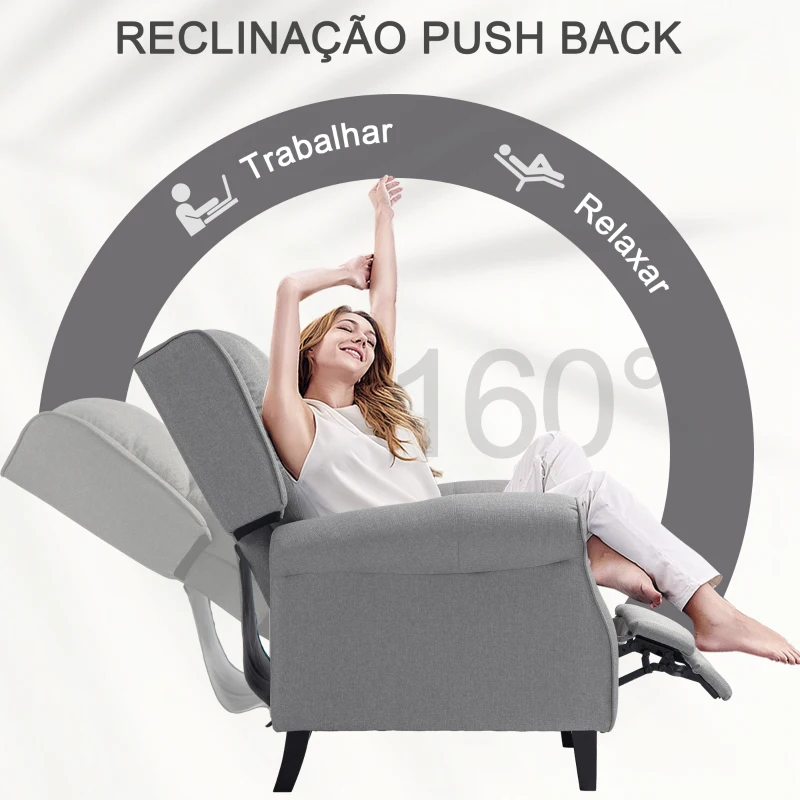 HOMCOM HOMOM Poltrona Reclinável Poltrona Relax com Reclinação Manual até 160° e Apoio para os Pés Retráteis 77x88x102 cm Cinza