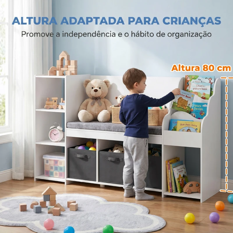 AIYAPLAY Estante Infantil para Brinquedos com Canto de Leitura Almofada 3 Gavetas de Tecido 3 Prateleiras 4 Compartimentos 137x40x80 cm Branco