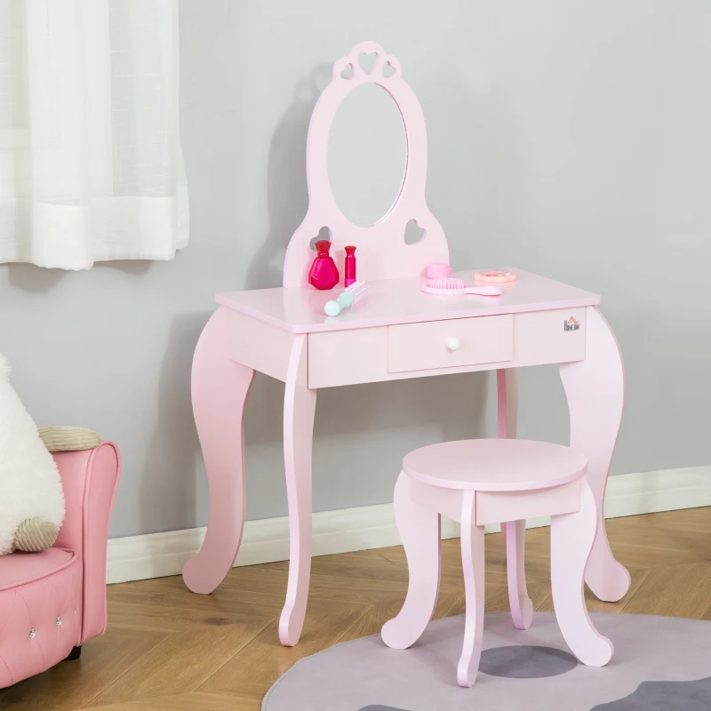 HOMCOM Coiffeuse Enfant Design Girly avec Motifs à Coeur - Tabouret Inclus - dim. 60L x 36l x 88H cm - tiroir, Miroir - MDF - Rose