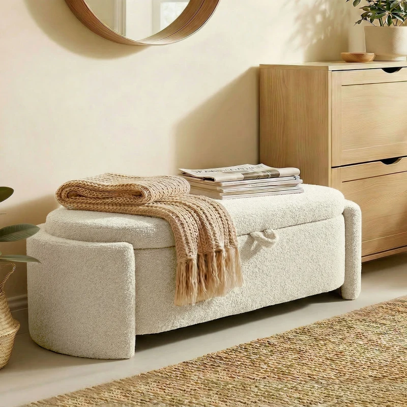 HOMCOM Banc de rangement, bout de lit ovale en polaire Teddy avec assise large, 129 x 48,5 x 44 cm, crème