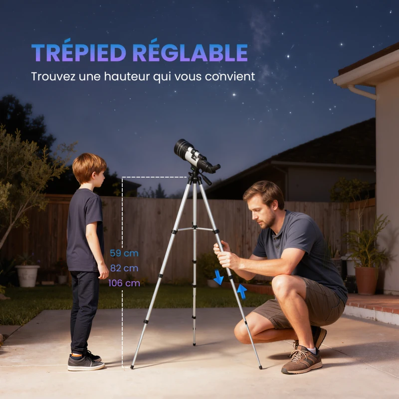 Outsunny Télescope Astronomique 70 mm, Télescope Réfracteur 100X/50X/30X avec 3 Oculaires, Monture AZ 300 mm, 76x76x133cm, Blanc