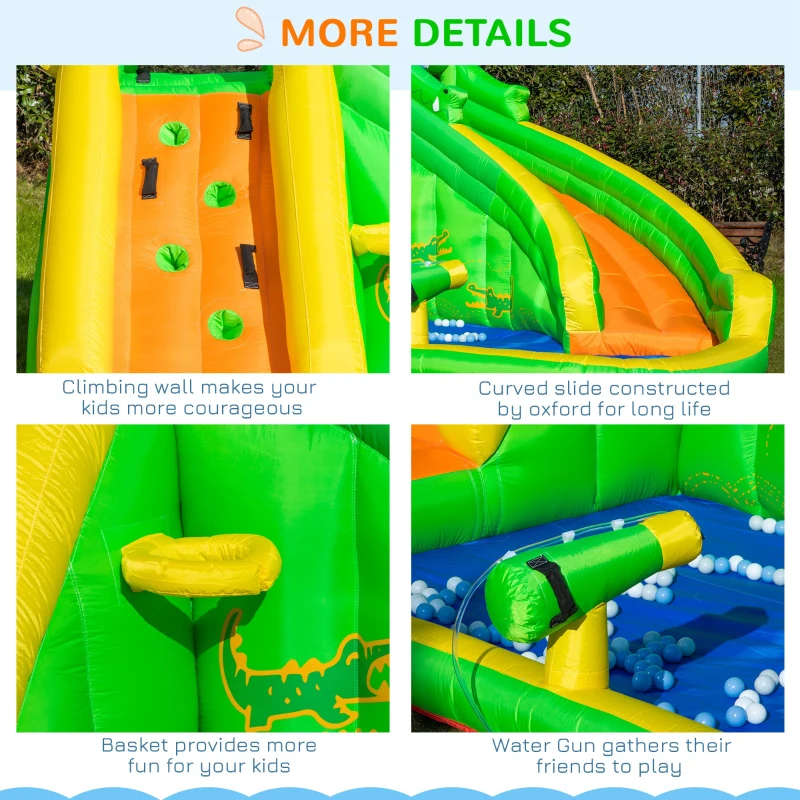 Outsunny Kids Bouncy Castle, 5 in 1 Large Crocodile Style Inflatable House Slide Basket Water Pool Gun Climbing Wall with Blower Carrybag for Kids Age 3-8, 3.85 x 2.85 x 2.25m