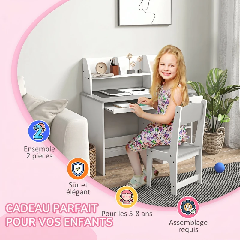 ZONEKIZ Bureau enfant avec chaise ergonomique avec clavier coulissant tiroir niches et étagères ouvertes 90 x 45 x 90 cm gris
