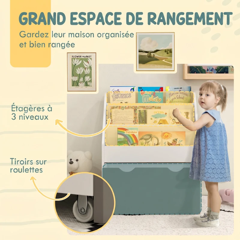 AIYAPLAY Bibliothèque pour enfants Multi-Rangement avec 3 niveaux d'étagères et un tiroir, 62,5L x 30l x 70H cm, gris et blanc