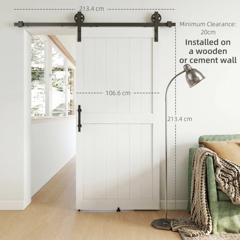 HOMCOM 213.4cm Sliding Barn Door Kit, Sliding Door with Track, Hardware, Upgraded Rollers and Floor Guide, Handle, White