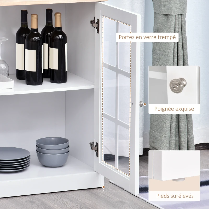 HOMCOM Buffet cuisine, meuble cuisine rangement haut, meuble de rangement avec plan de travail, 3 portes vitrées, 2