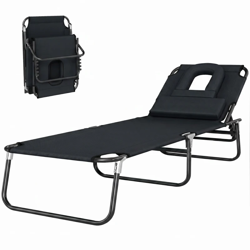 HOMCOM Transat de Jardin Chaise Longue Pliante Bain de Soleil pour Lecture Noir