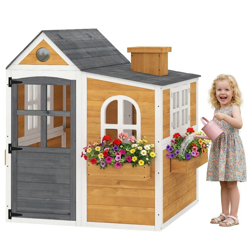 AIYAPLAY Cabane enfant extérieur en bois, maison enfant extérieure/intérieure avec porte, fenêtres, 3 bacs à fleurs, jaune