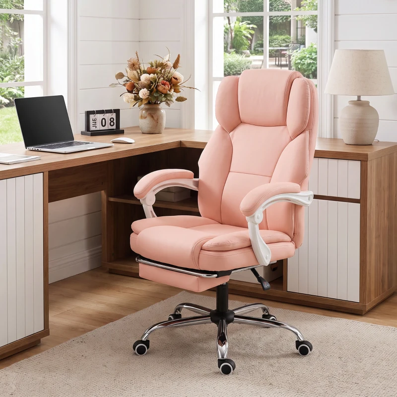 HOMCOM Scaun Birou Ergonomic, Fotoliu de Birou Înclinabil din Piele Sintetică Potrivită pentru Animale, Înălțime Reglabilă, Roz