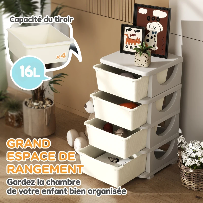 HOMCOM Organisateur de jouets pour enfants avec 4 tiroirs à 4 niveaux, boîtes de rangement en plastique, 37 x 37 x 76 cm, crème