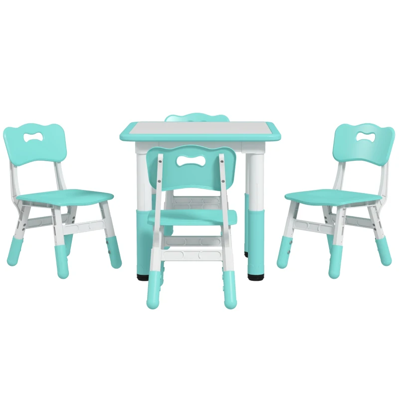 AIYAPLAY Set Tavolo e Sedie per Bambini 5pz con 4 Sedie Regolabili 32x36x52.5-56 cm e Tavolo 60x60x46-58 cm, Verde