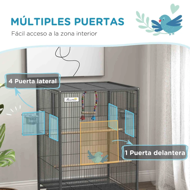 PawHut Jaula para Pájaros con Ruedas con Comederos Perchas Columpio Estante y Bandeja Extraíble 48x46x78 cm Gris