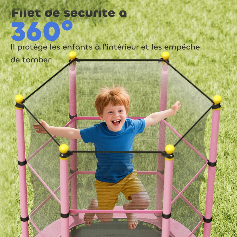 HOMCOM Trampoline Enfant Ø 1,40 × 1,90H m Filet de sécurité Porte zipée Couvre-Ressorts 6 poteaux rembourrés Inclus Rose