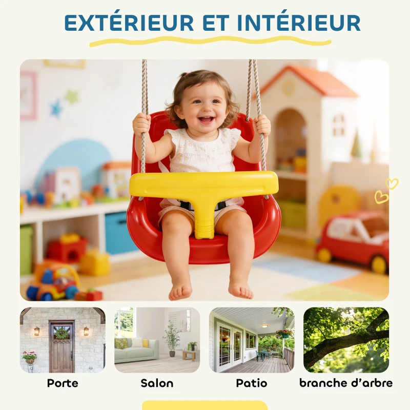 AIYAPLAY Balançoire pour enfants, balançoire bébé extérieure, dossier haut, barre de sécurité, hauteur ajustable, rouge et jaune