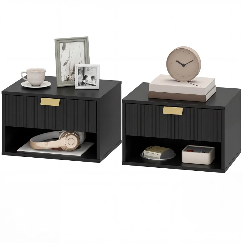 HOMCOM Set of 2 Wall Mounted Nightstands, Floating Bedside Tables with Fluted Drawer and Open Shelf for Small Bedroom, Black