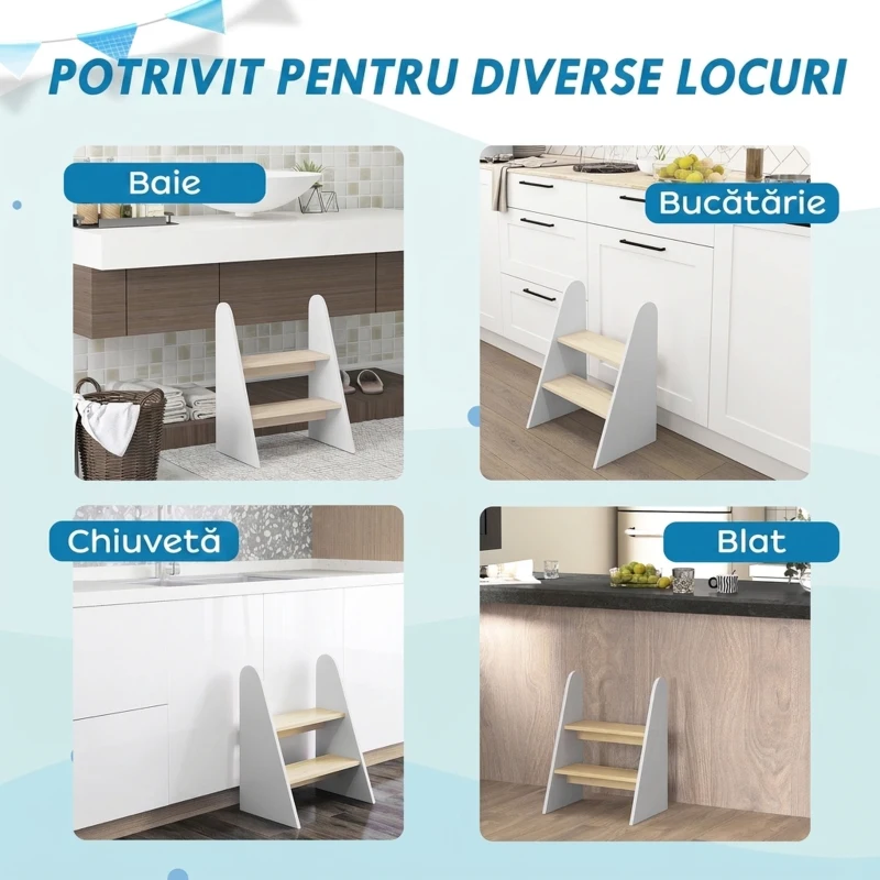 AIYAPLAY Taburet Montessori pentru Copii cu 2 Trepte, Scăunel pentru 3-8 Ani cu Margini Rotunjite, Alb
