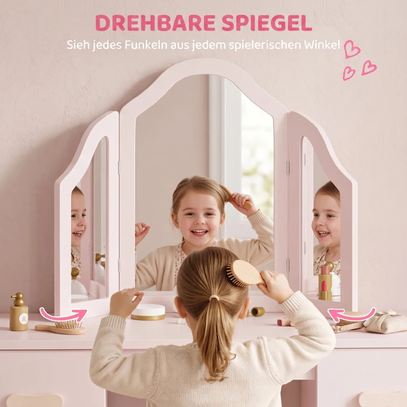 AIYAPLAY Schminktisch Kinder, 2 in 1 Kinderschminktisch Schreibtisch mit Hocker 2 Schubladen 2 Schränken abnehmbarem Spiegel Rosa