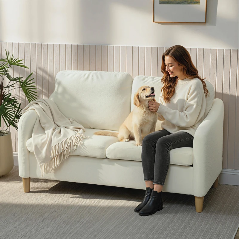 HOMCOM 2-zitsbank compacte bank met Sherpa-fleece-look 137 cm voor woonkamer crèmewit
