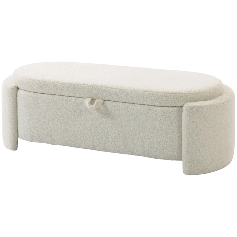 HOMCOM Banc de rangement, bout de lit ovale en polaire Teddy avec assise large, 129 x 48,5 x 44 cm, crème