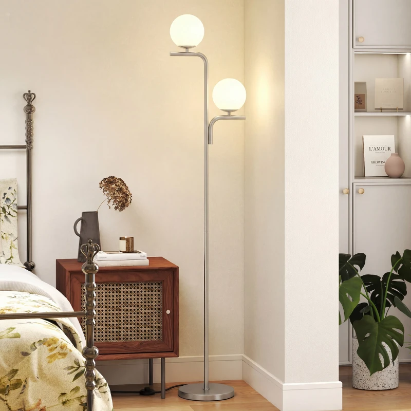 HOMCOM LED Floor Lamp, Modern Standing Lamp with 3 Colour Temperatures, Globe Glass Shades and Foot Switch, Silver Tone