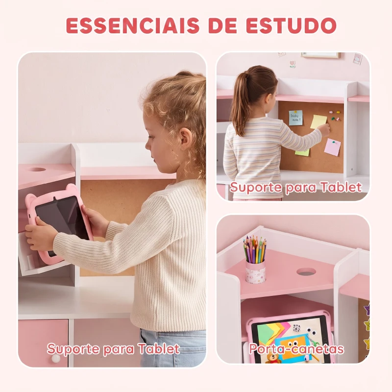 AIYAPLAY Secretária Infantil com Cadeira, Suporte Ajustável para Tablet, Porta-lápis, Quadro de Cortiça, Estantes e Armários, Rosa