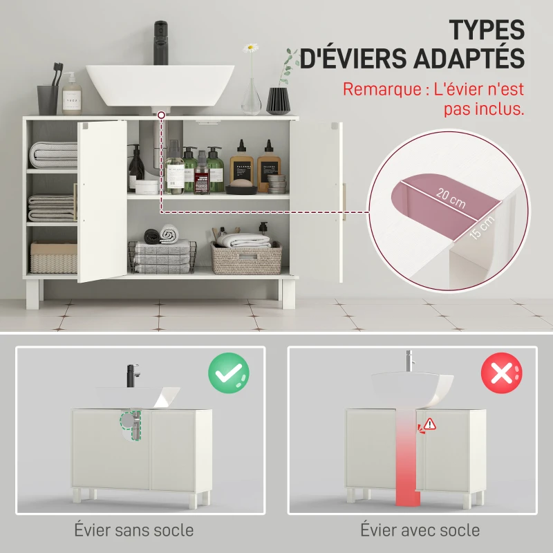 HOMCOM Meuble sous lavabo meuble de salle de bain avec placard à deux niveaux étagères réglables 90l x 30P x 63H cm crème
