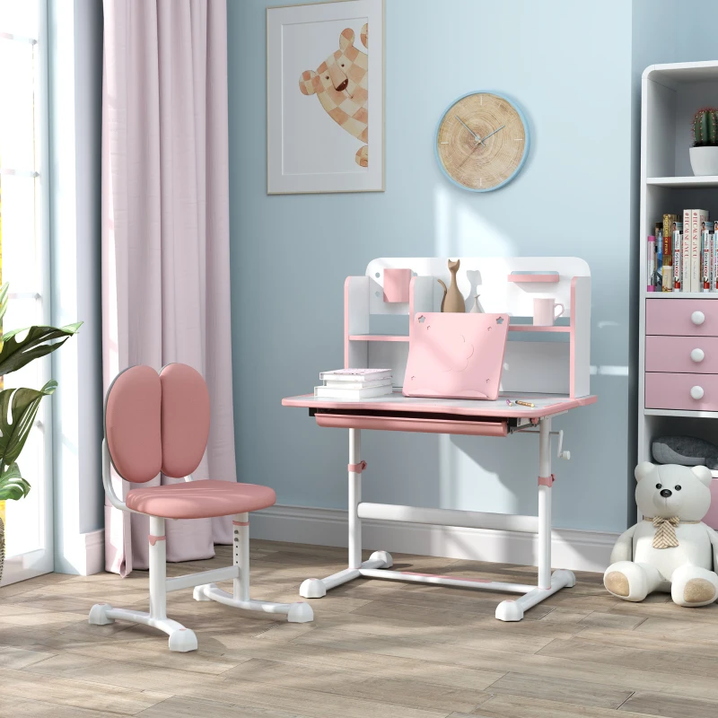 AIYAPLAY Set Scrivania e Sedia per Bambini Regolabili, Banco Scuola con Piano Inclinabile, Cassetto, Scaffale, Rosa