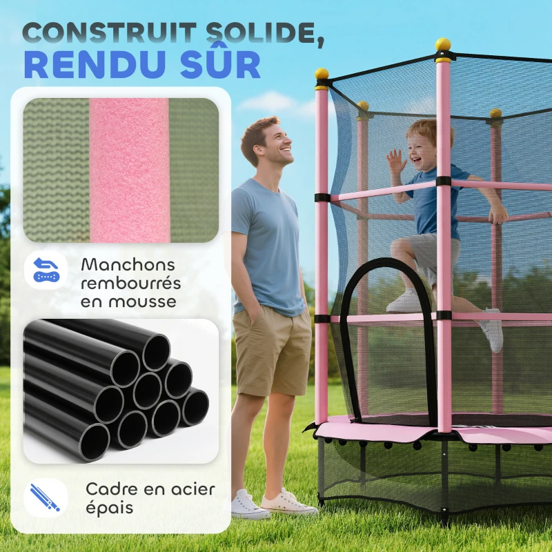 HOMCOM Trampoline Enfant Ø 1,40 × 1,90H m Filet de sécurité Porte zipée Couvre-Ressorts 6 poteaux rembourrés Inclus Rose