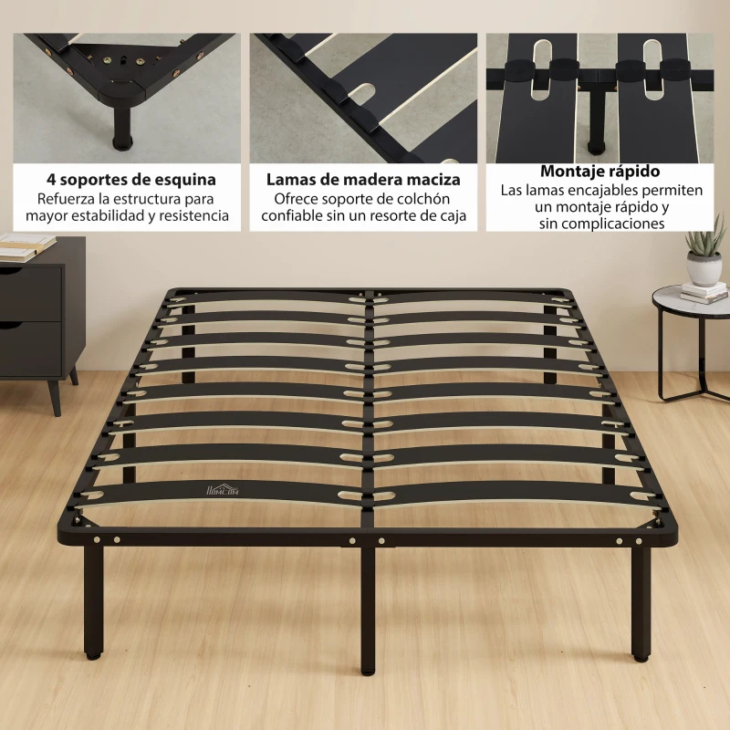 HOMCOM Estructura de Cama 140x190 cm con Marco de Acero Láminas de Álamo y Espacio de Almacenamiento Carga 500 kg Negro