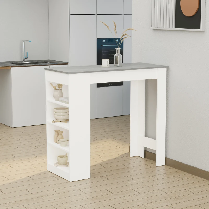 HOMCOM Table de bar pour 2 personnes, table haute mange debout avec 4 étagères ouvertes, 115x50x102,7cm, blanc et gris