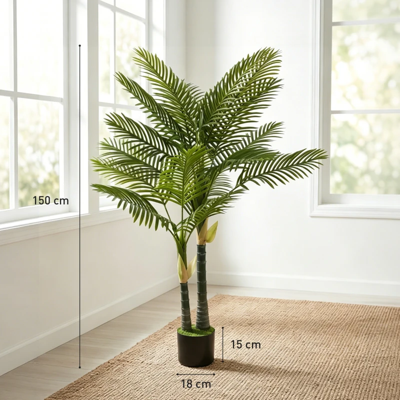 HOMCOM Artificial Palm Tree with 16 PEVA Leaves, 150cm Decorative Artificial Plant with Pot and Moss Effect, Green