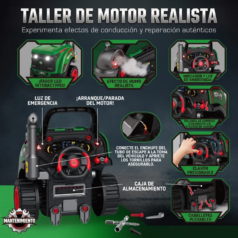 AIYAPLAY Juguete de Motor de Camión para Niños con Vapor Luces y Sonidos Juego de Reparación Mecánico 3 a 6 Años Verde