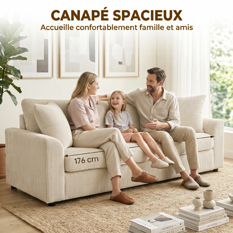 HOMCOM Canapé 3 places 212 cm avec 2 coussins à ressorts, tissu velours côtelé, pour salon, chambre, bureau à domicile, crème(m-4)