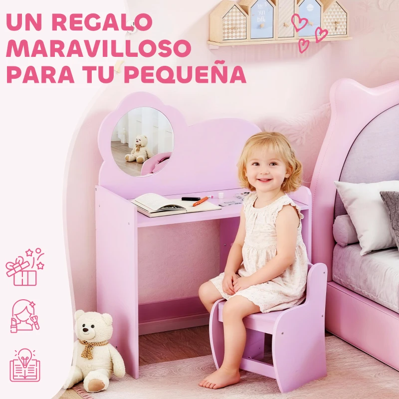 AIYAPLAY Tocador Infantil con Taburete y Espejo en Forma de Flor con Estantes Abiertos para Niños y Niñas de 3-8 Años Morado