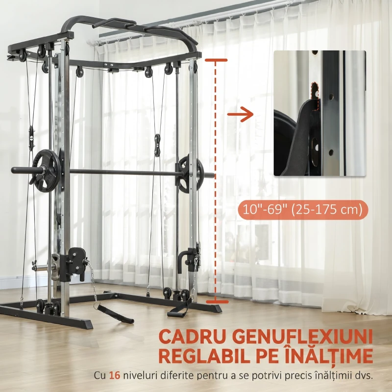 SPORTNOW Stație multifuncțională fitness 3 în 1 cu sistem reglabil de cabluri încrucișate, suport reglabil pentru genuflexiuni, bară pentru halteră, bară de tracțiuni