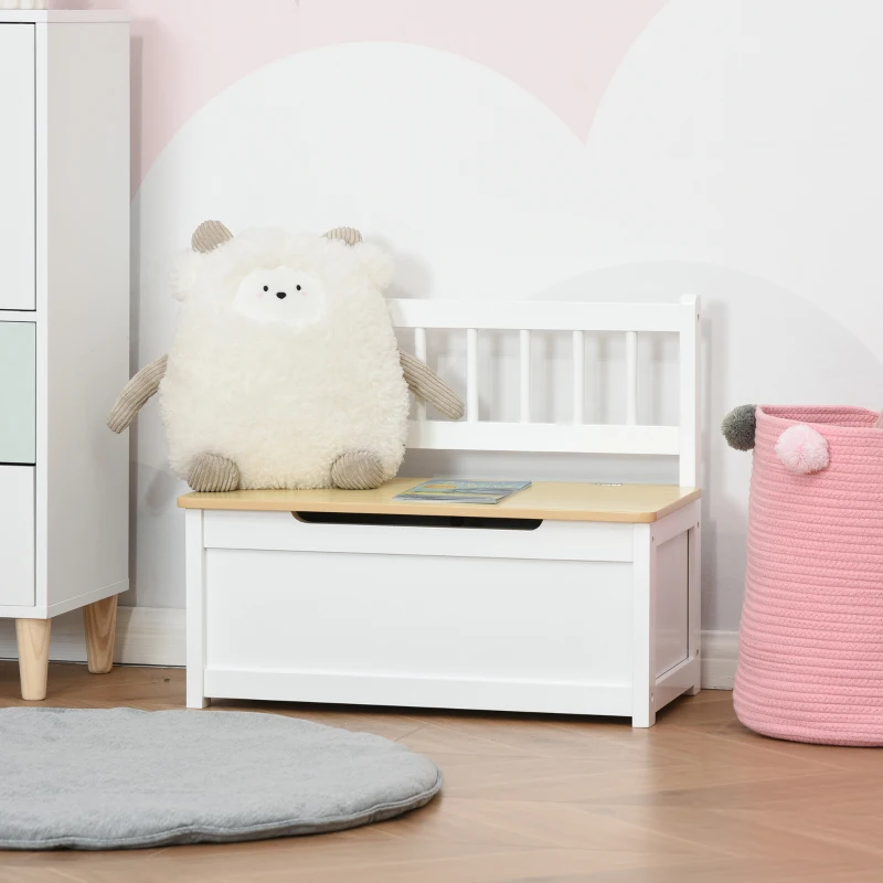 HOMCOM Cassapanca per Bambini 2-5 Anni, 2 in 1 Panca Contenitore in Legno con Schienale e Pistone per Chiusura Sicura, Capacità 40 kg, 60x30x50cm, Bianco e Color Legno