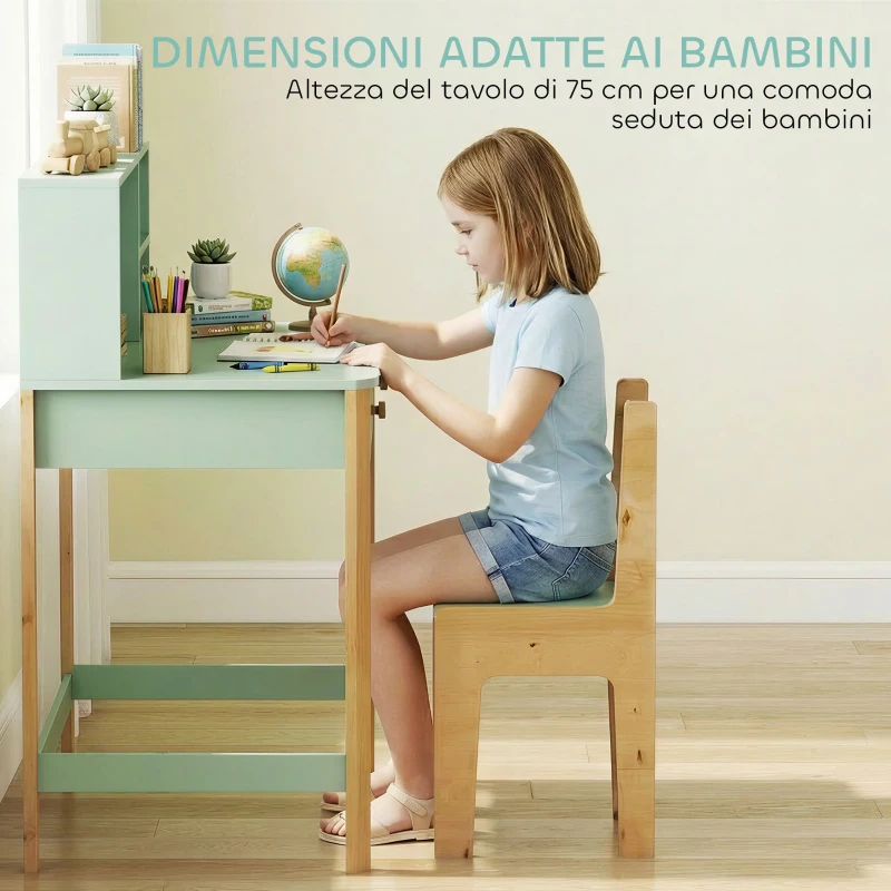 AIYAPLAY Scrivania per Bambini 5-12 Ani con 3 Ripiani e 2 Cassetti, in Legno, 90x52x105 cm, Verde