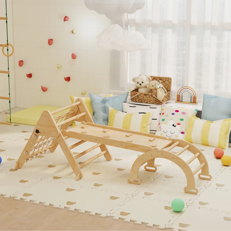 AIYAPLAY Triangle d'escalade enfants 8 en 1 avec rampe double face, arc d'escalade en bois avec toboggan & échelle, naturel
